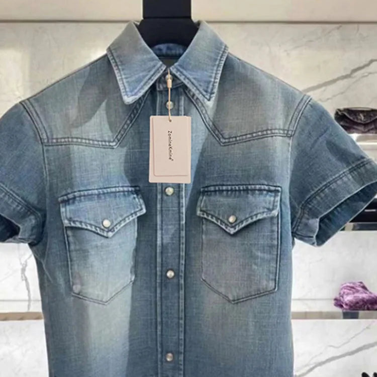 LUXE&ENVY Market Spring/Summer New Washed Old Cowboy Shirt Half Sleeve Single breasted Short sleeved Shirt Versatile Top