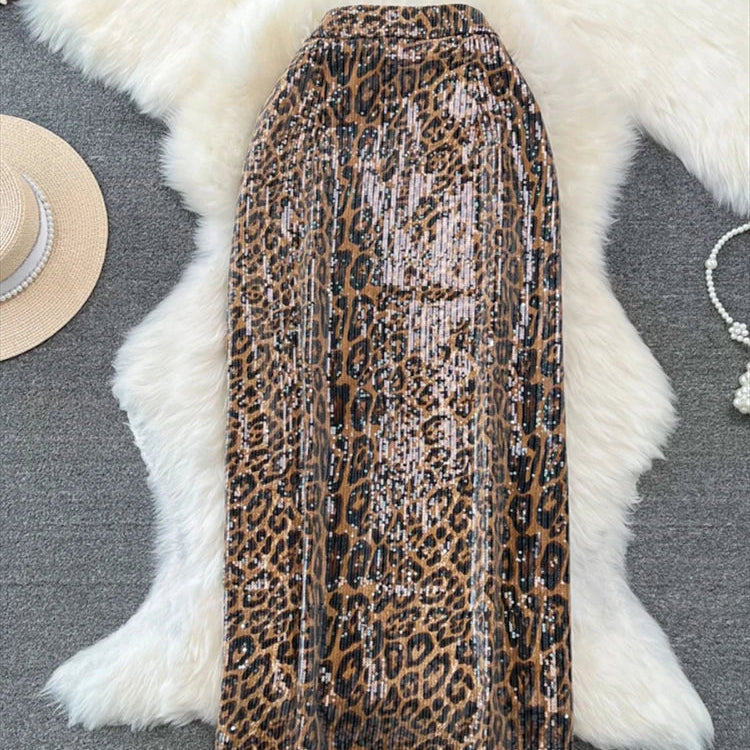 Women Chic Shinning Print Midi Skirt Zipper High Waist Leopard Zebra Wild Style Retro Long Skirts Mujer