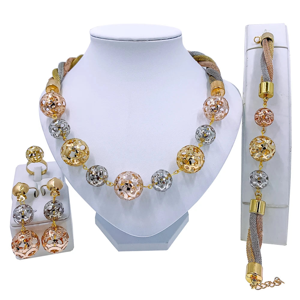 African Necklace Earrings Dubai Gold Color Jewelry Set for Women Wedding Bridal Travel Party Bracelet Ring Pendant Jewelry LS0813 Resizable 45cm | Clear