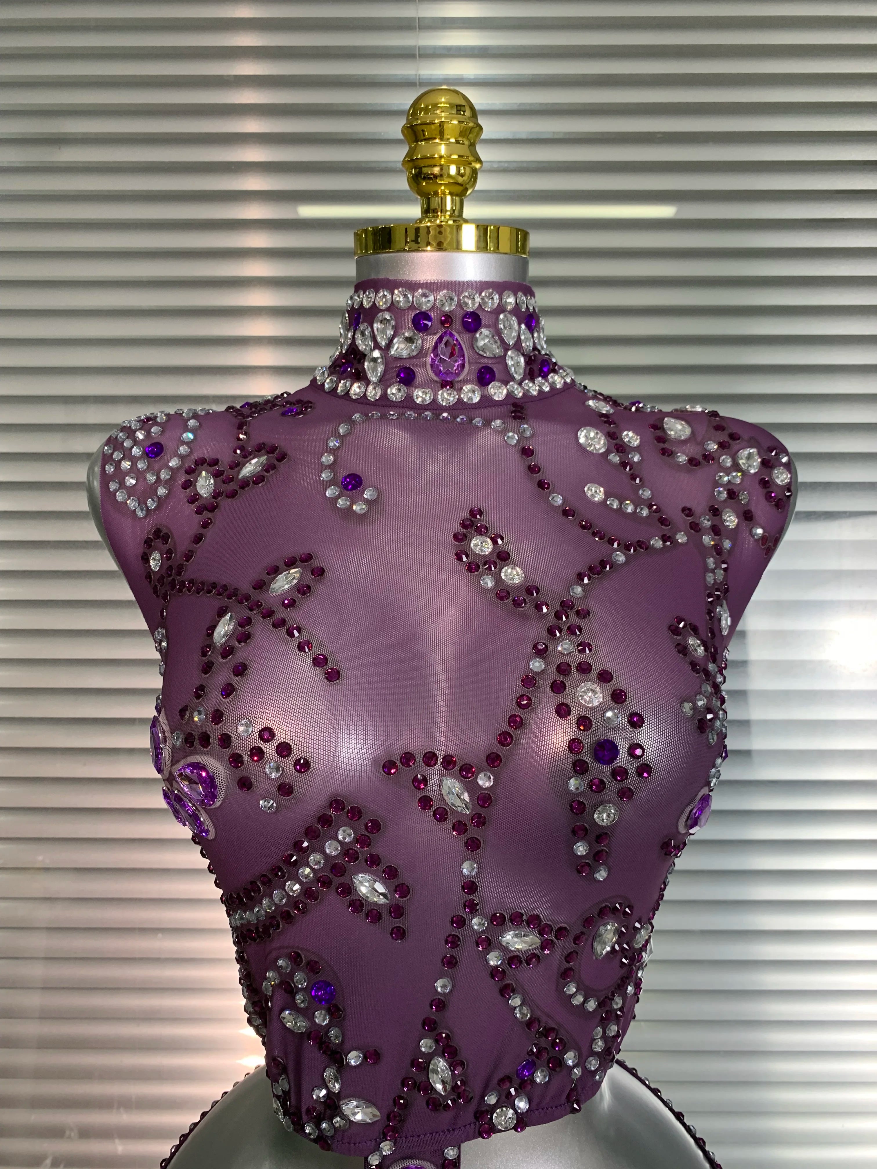 Women Sexy Mesh Crystal Diamonds Mini Purple Performance Costume Stage Dancer See Through Stretchy Night Club Party Dress