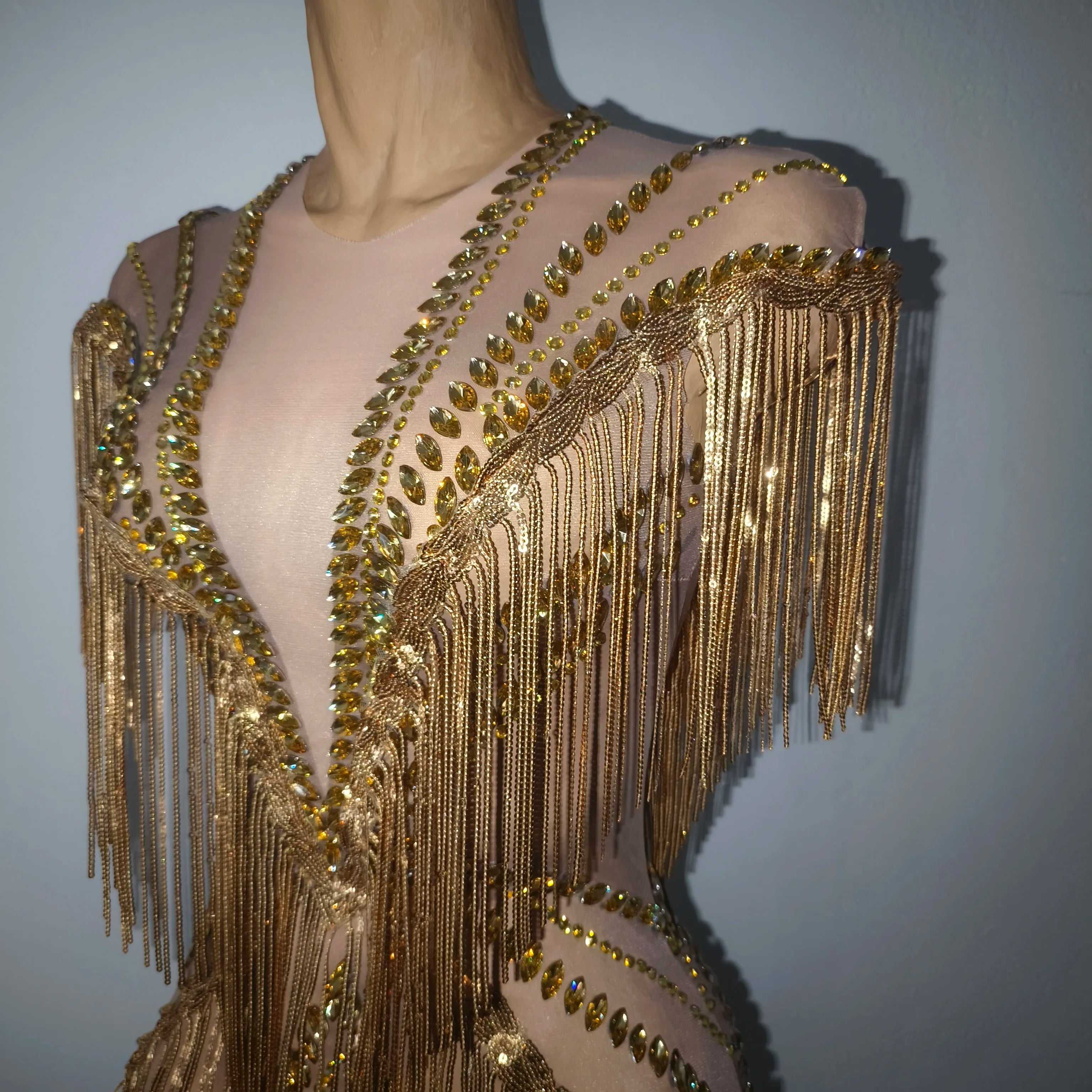 New Women Sexy Mesh Crystal Tassel Sparkly Maxi Dress See Through Gold Silver Party Singer Party Costume Stage Performance Dress