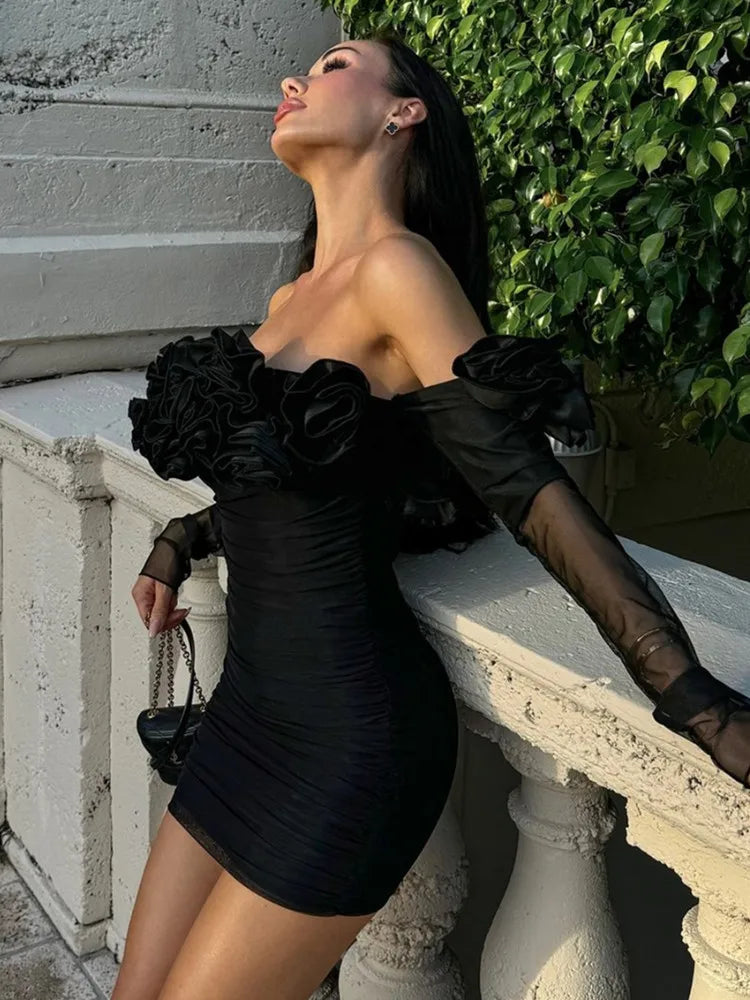 Fall Fashion Women Sexy Off Shoulder Mesh Ruched Black Flower Mini Bodycon Dress 2024 Elegant Evening Club Party Dress