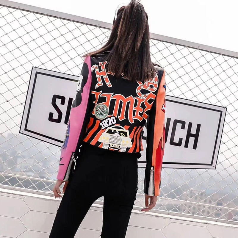 Cropped Leather Jackets Women Colorful Graffiti Studded Coat Punk Faux Leather Motorcycle Biker Jacket Ladies
