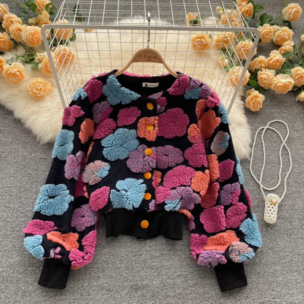 Sweet Long Sleeve Single Breasted Short Jacket Retro Three-dimensional Flower O Neck Clothing Winter 6 Color Coat pink One Size