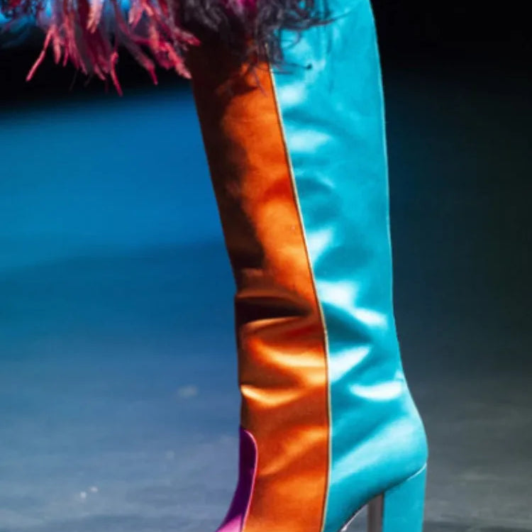 Premium Ladies Chelsea Boots Luxury Designer Shoes Mixed Colors Chunky Heel Tall Boots Side Zip Fashion Boots Zapatos Mujer