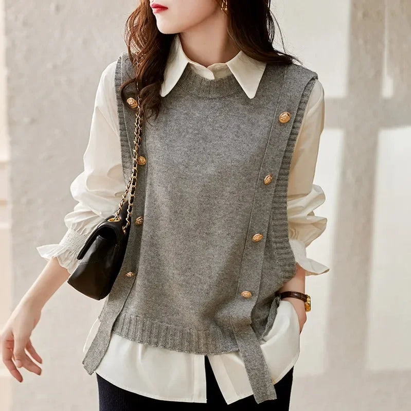 Fashion Knitted Vest for Women Sleeveless Sweater Vest Retro Knit Tank-Top Korean Female Autumn and Winter Knit Pullover Gray