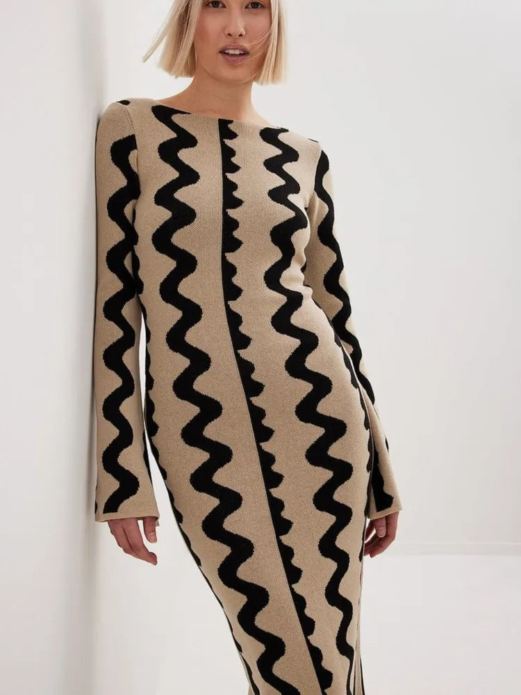 Striped Knitted O-neck Long Sleeve Midi Dresses Elegant Women Bodycon A-line Vestidos Female Fashion Casual Street Maxi Clothes