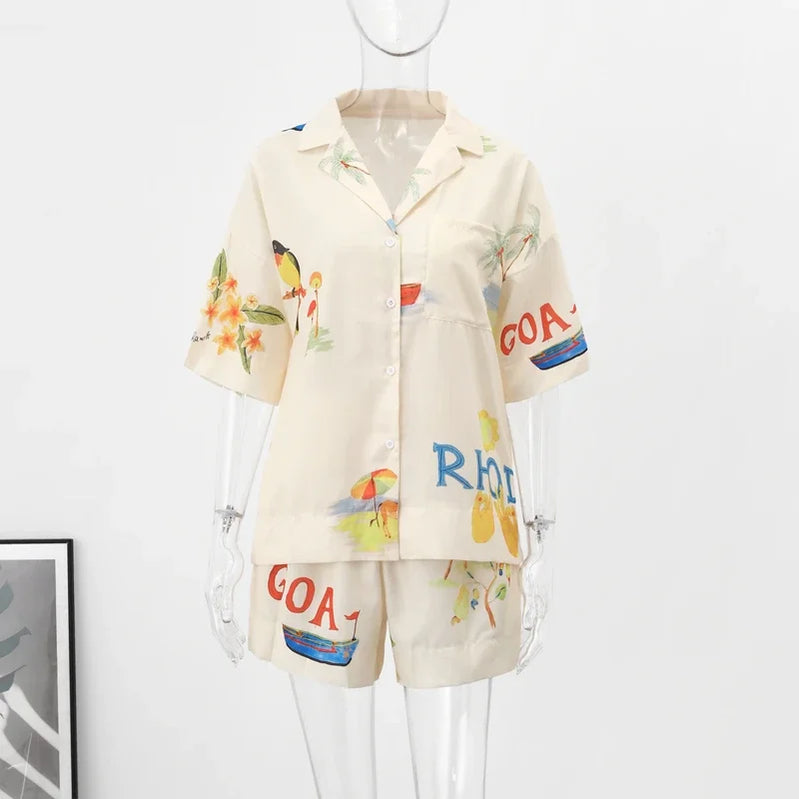 Plant Flowers Birds Printed 2 Pieces Set Women Holiday Short Sleeve Button Up V-neck Shirts Top Suit High Waist Shorts Outfits 2pcs