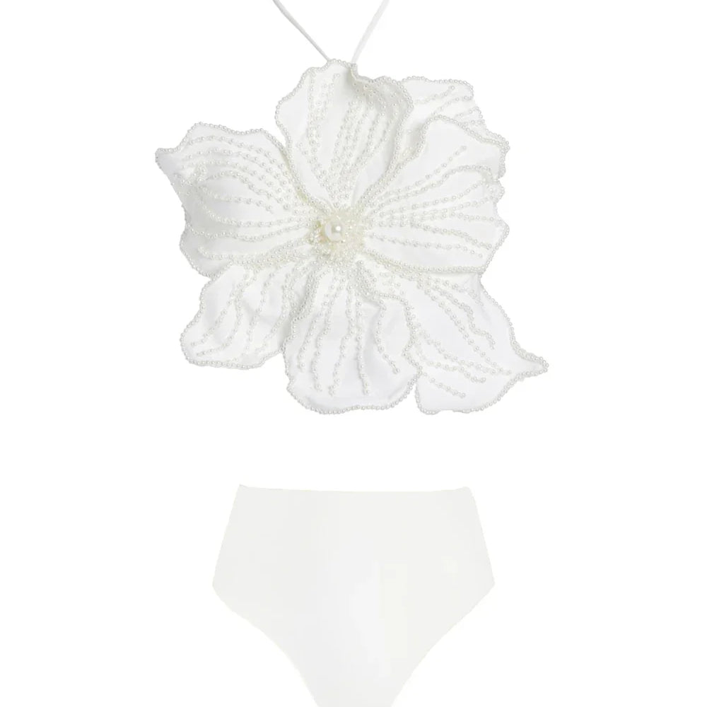 Solid Color 3D Beaded Floral Bikinis Set Women's Fashion Design Swimsuits and Pants Luxury Swimwear Bathing Suit Beachwear 2024 Only White Bikini