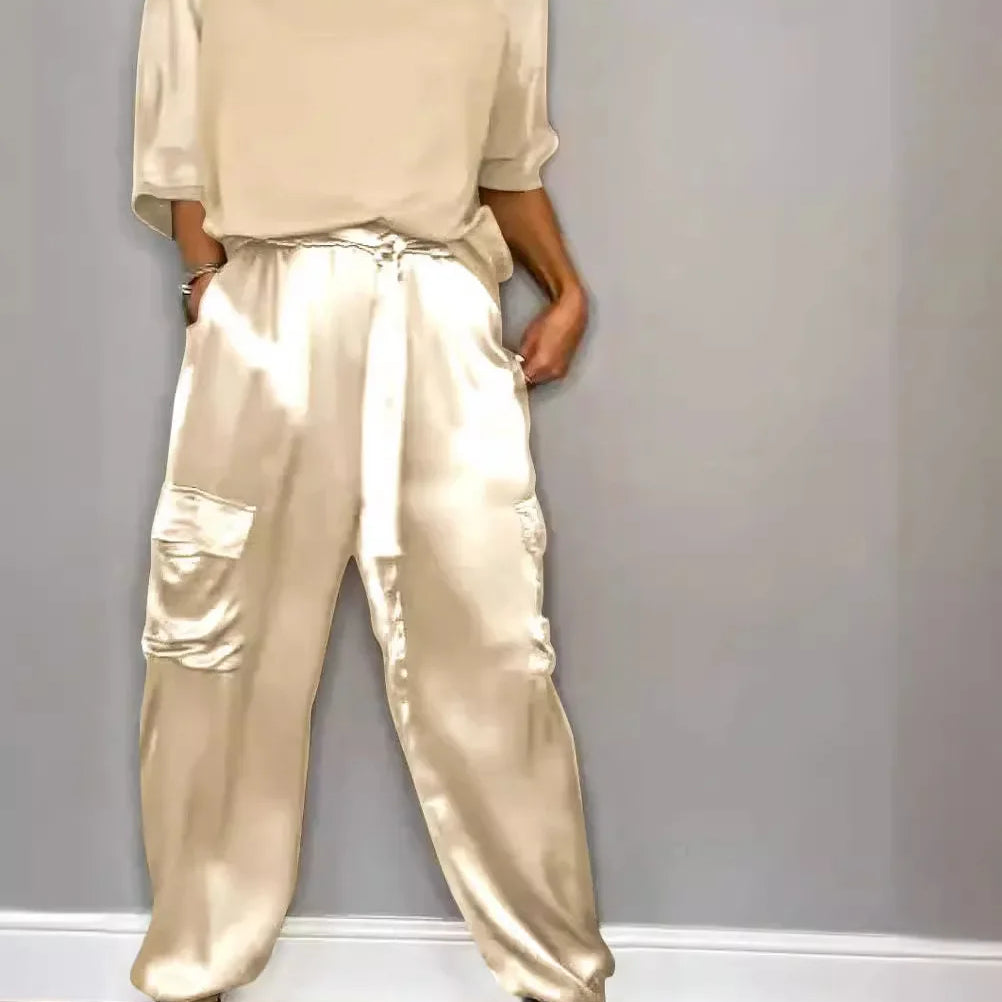 Summer Satin 2 Piece Set Women Casual Solid Color 2 Piece Outfit Half Sleeve Tops Loose Fit Pants Suit Two Piece Sets Apricot