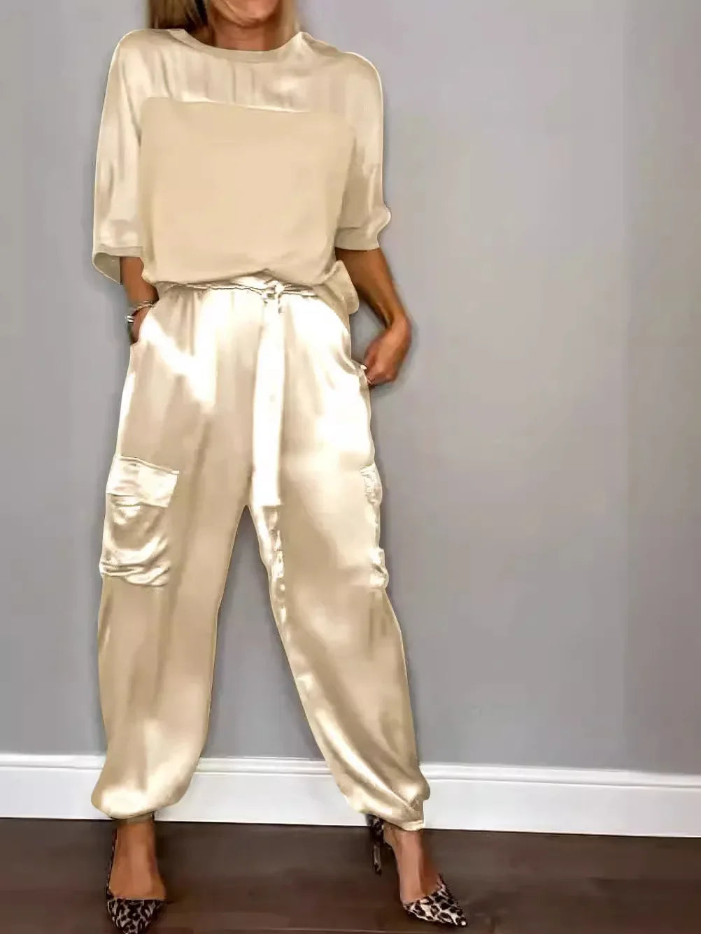 Summer Satin 2 Piece Set Women Casual Solid Color 2 Piece Outfit Half Sleeve Tops Loose Fit Pants Suit Two Piece Sets Apricot