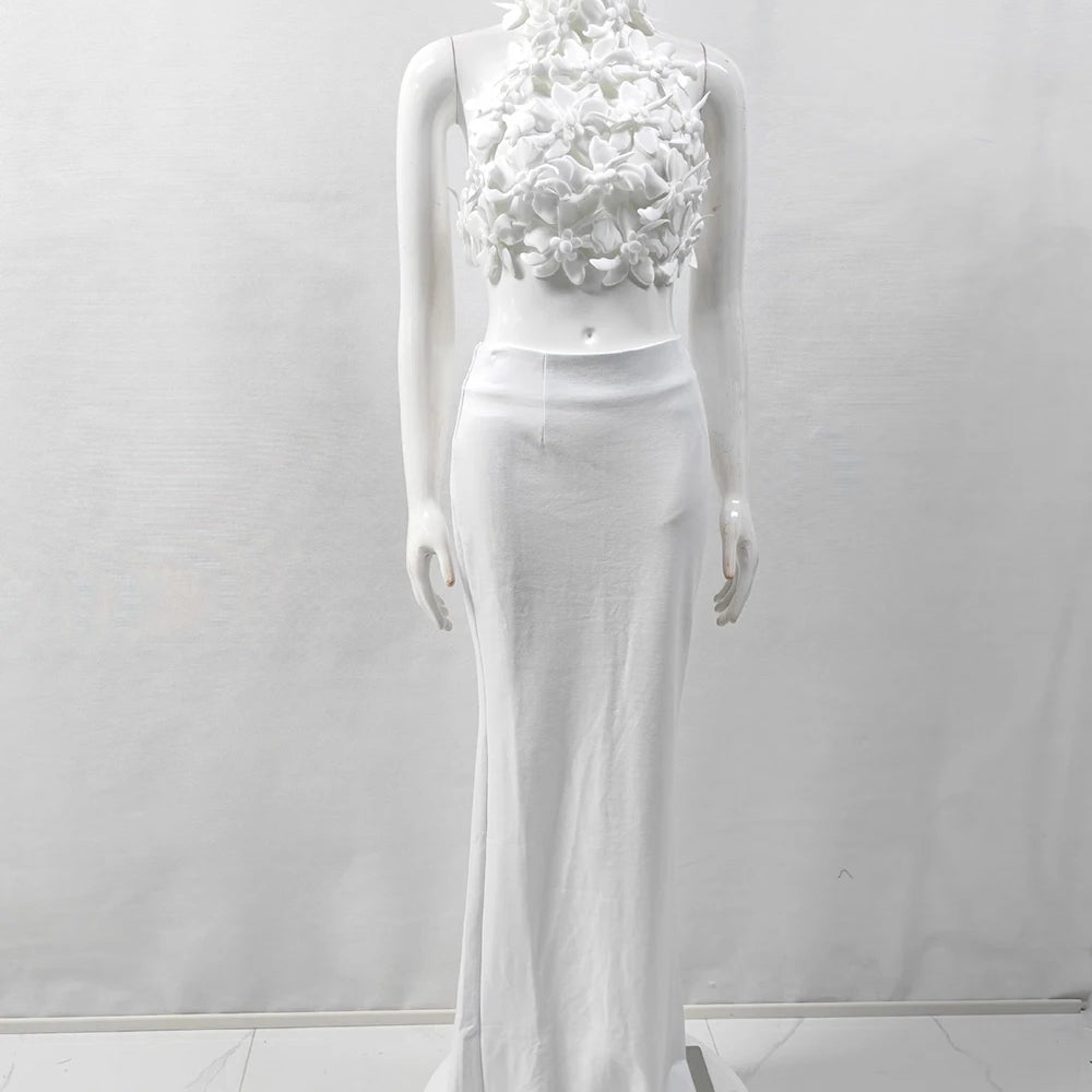 White Elegant 3D Flowers Hollow Out Beach Dresses Set Sexy See Though Crop Tops Long Skirts Women Sets Summer Female Outfits