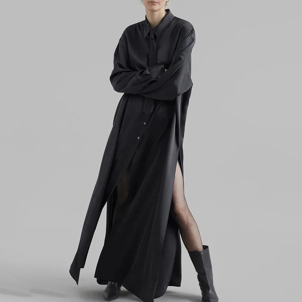 Solid Minimalist Split Dresses For Women Lapel Long Sleeve High Waist Patchwork Single Breasted Loose Dress Female