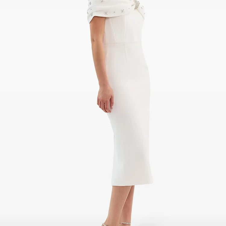 Black White Color Women Sexy Slash Neck Off the Shoulder Bodycon Mid-calf Dress Shinning Crystal Celebrate Evening Party Outfit