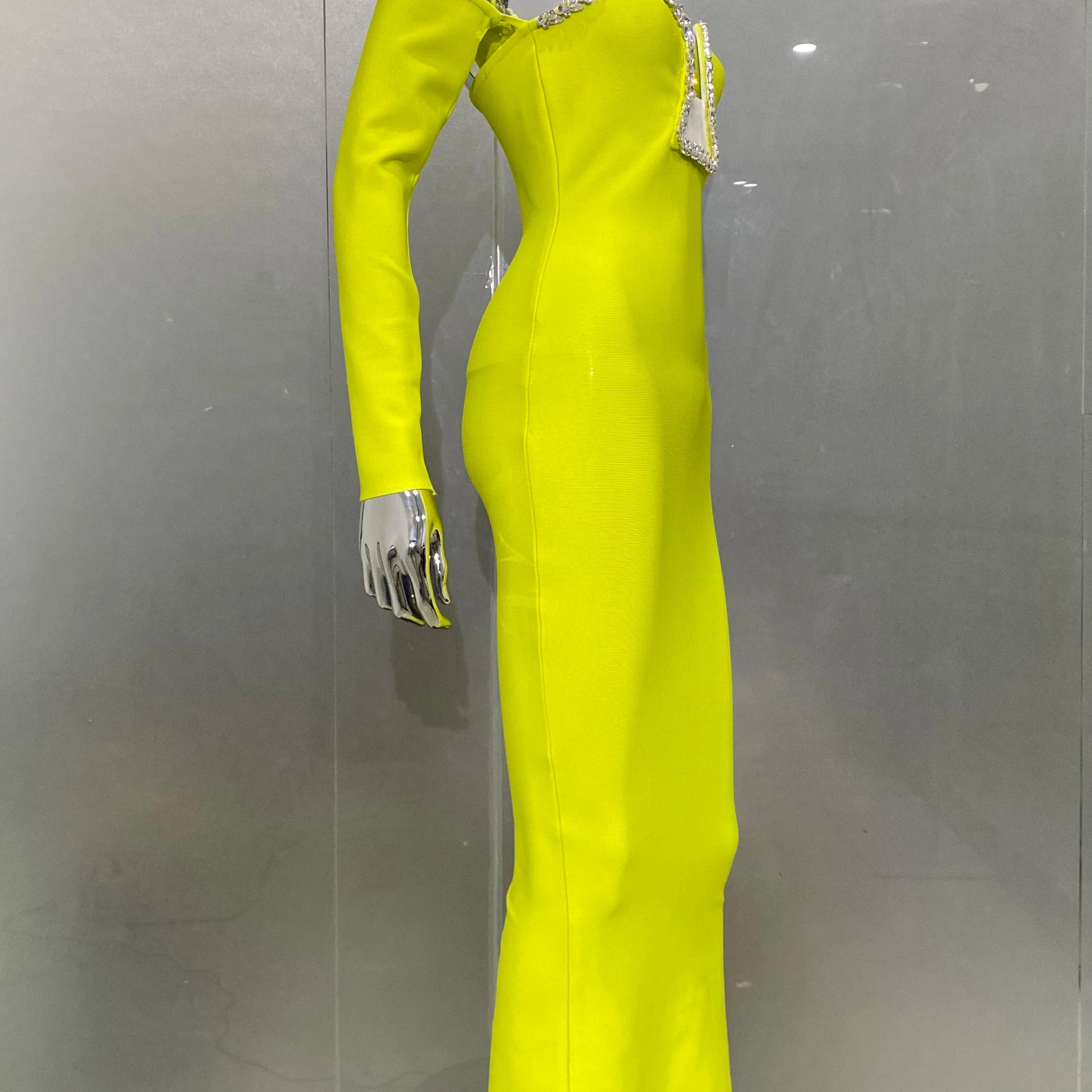 New Winter Yellow Green Shining Diamonds Sexy V-Neck off The Shoulder Mermaid Long Dress Fashion Woman Evening Party Vestido