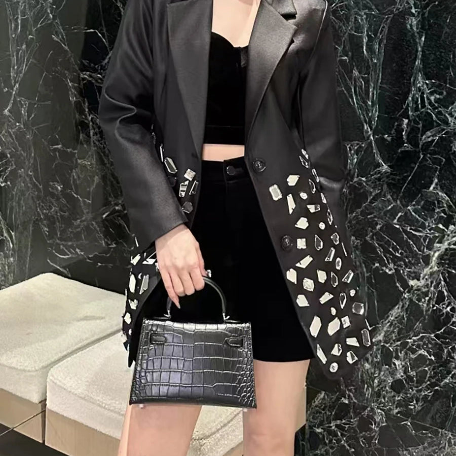 TWOTWINSTYLE Spliced Diamonds Luxurious Jackets for Women Lapel Long Sleeves Patchwork Single Breasted Fashion Jacket Female New