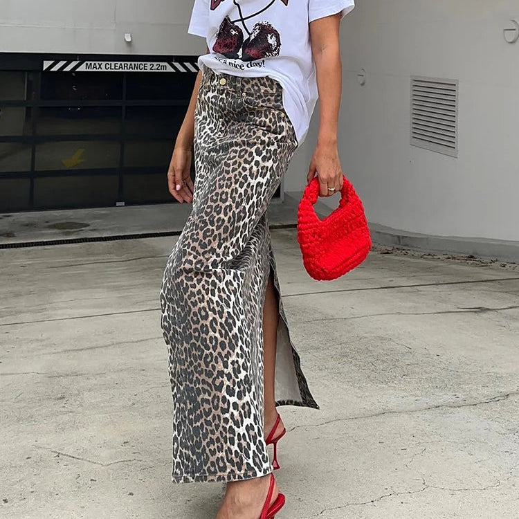 Mnealways18 Vintage Leopard Print Straight Skirts Female Street Chic High Waist Long Skirt Summer Office Split Skirt Cotton