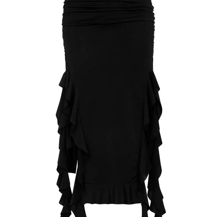 Tossy Tassel Summer Female Long Skirt Ruffled High Waist Broken High Split Fashion Pleated Sexy Solid Patchwork Maxi Skirt 2023 black