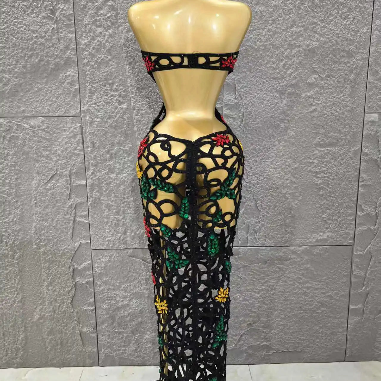 Women Sleeveless Sexy Hollow Out Shinning Rhinestones Bodycon Long Dress Backless Celebrate Nightclub Party Celebrity Stage Wear