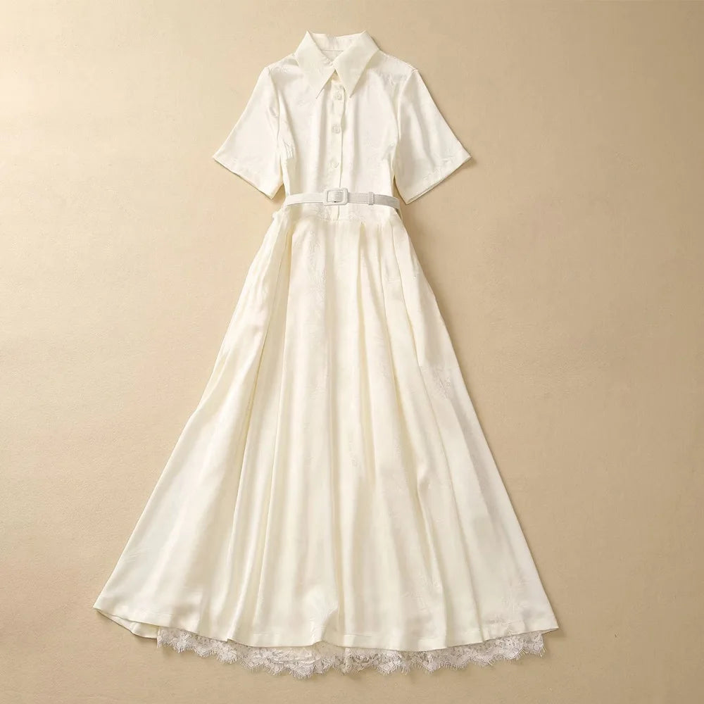 ZJYT Runway Fashion Summer Midi Shirt Dress for Women 2024 Summer Lace Patchwork Belt Casual Daily Dress Beige Aline Vestidos beige L