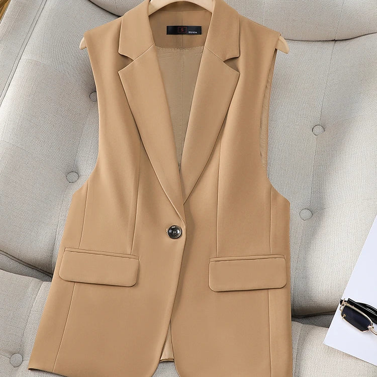 Fashion Women Formal Blazer Vest Ladies Khaki Black Coffee Slim Sleeveless Jacket Coat For Business Work Wear Khaki Vest