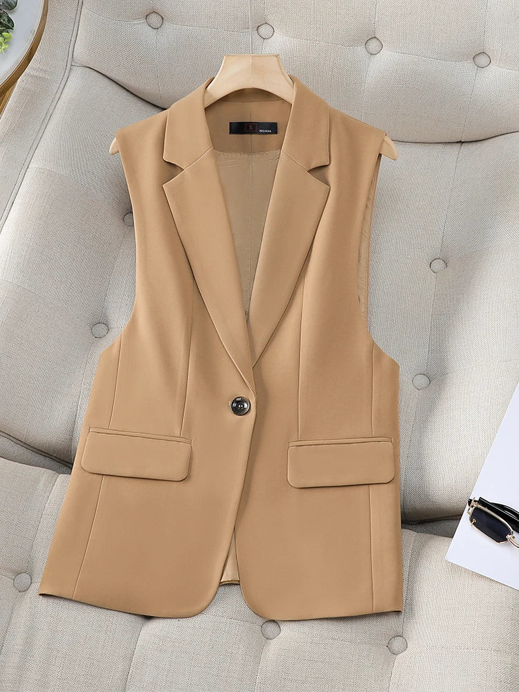 Fashion Women Formal Blazer Vest Ladies Khaki Black Coffee Slim Sleeveless Jacket Coat For Business Work Wear Khaki Vest