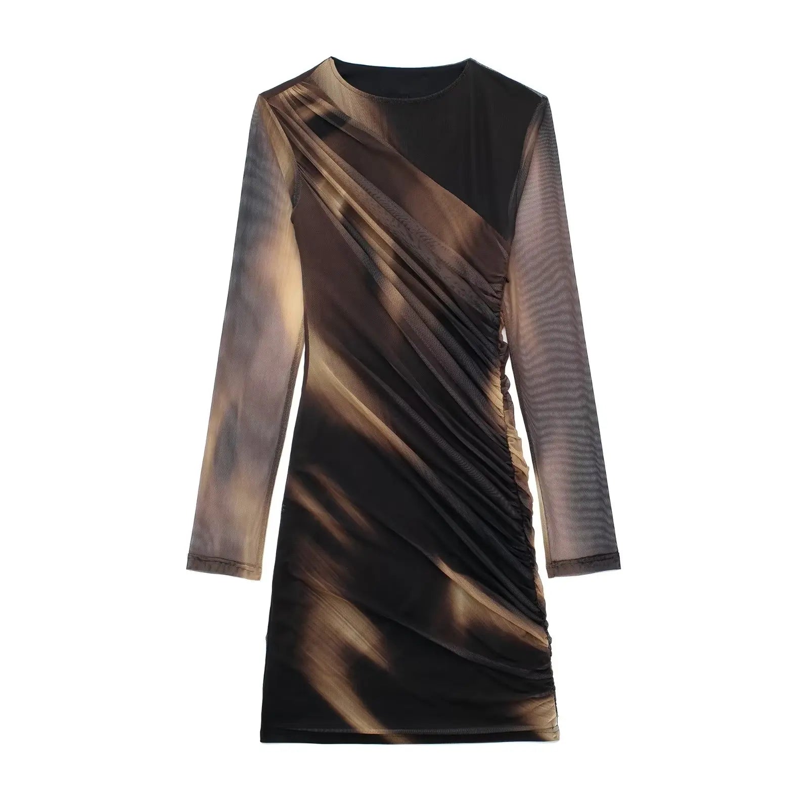 Fashion Women Sexy Mini Dresses O-neck Bodycorn Long Sleeve Pleated Mesh Print Vestidos Female Streetwear Mini Dress Print