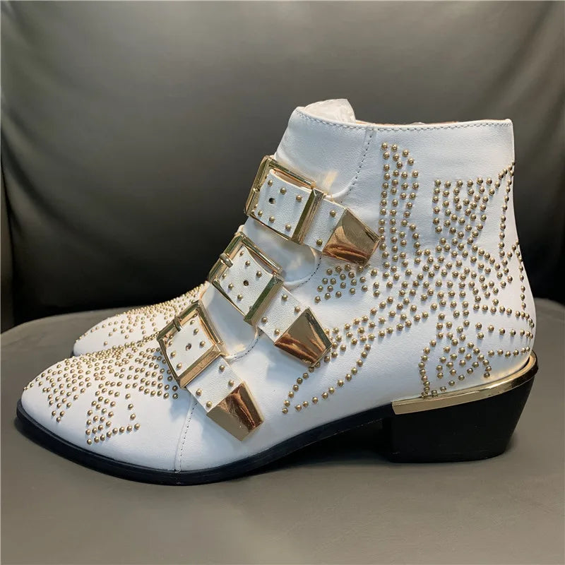Women's Ankle Boots Rivet Flower Susanna Studded Cowboy Boots Genuine Leather Luxury Shoes Ladies Botines Mujer