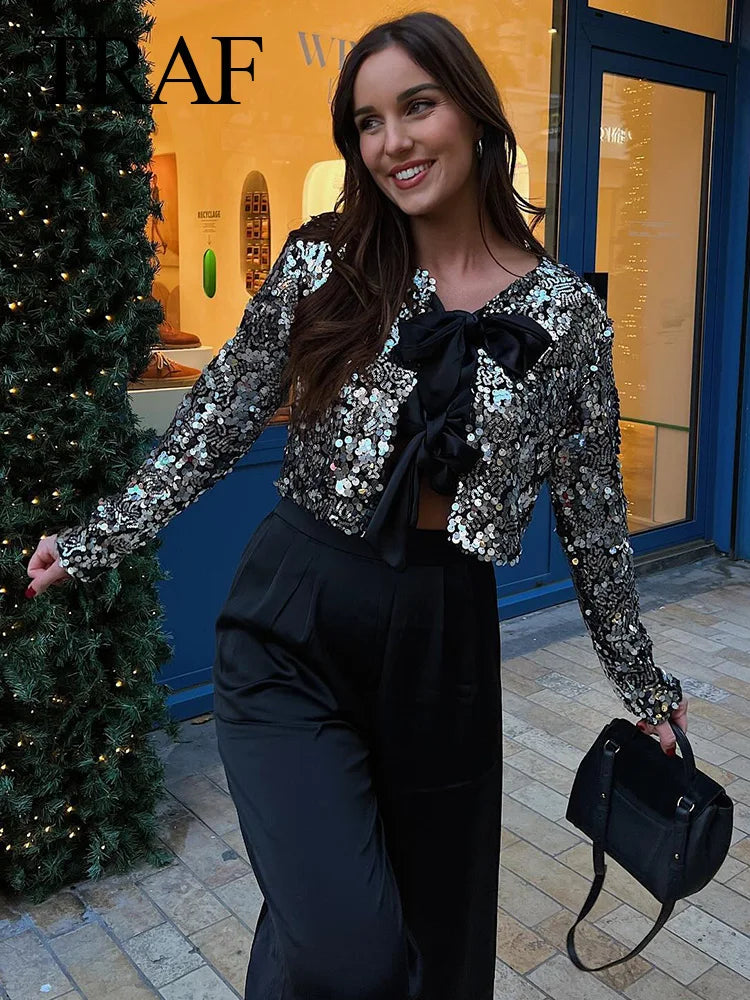 Spring Women's Fashion Black Blouses Long Sleeve With Sequins Bow Cardigans Female Chic Cropped Tops Streetwear