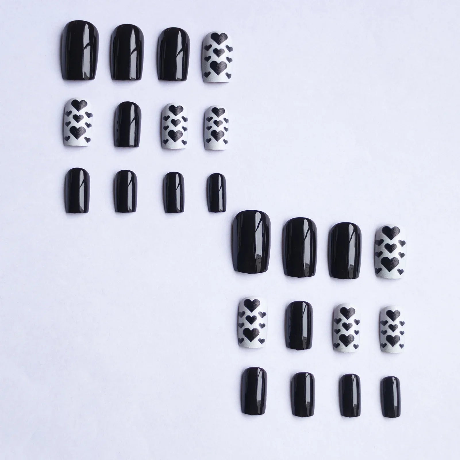 Black Short Square Fake Nails 24Pcs Full Cover Press On Nails Love Heart Printed Cool Girls Valentine's Day Charm Manicure