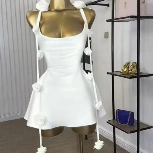 CM.YAYA Women Floral Applique Sleeveless Strap Midi A-line Dress 2025 Summer Holiday Birthday Sexy Club Party Evening Dresses WHITE