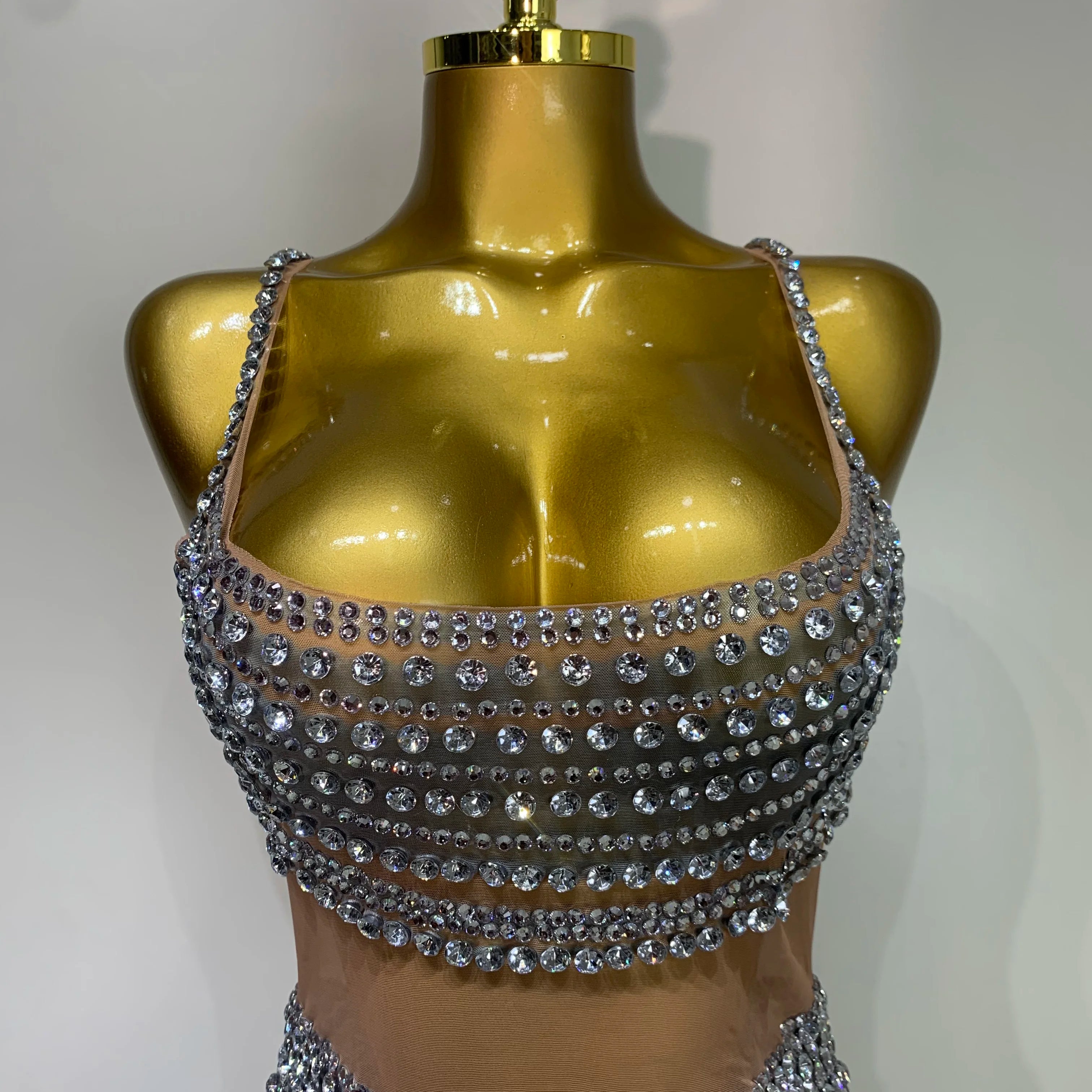 Sparkly Rhinestones Sleeveless Mini Dress Evening Birthday Celebrate Evening Party Dress Nightclub Stage  Performance Costume