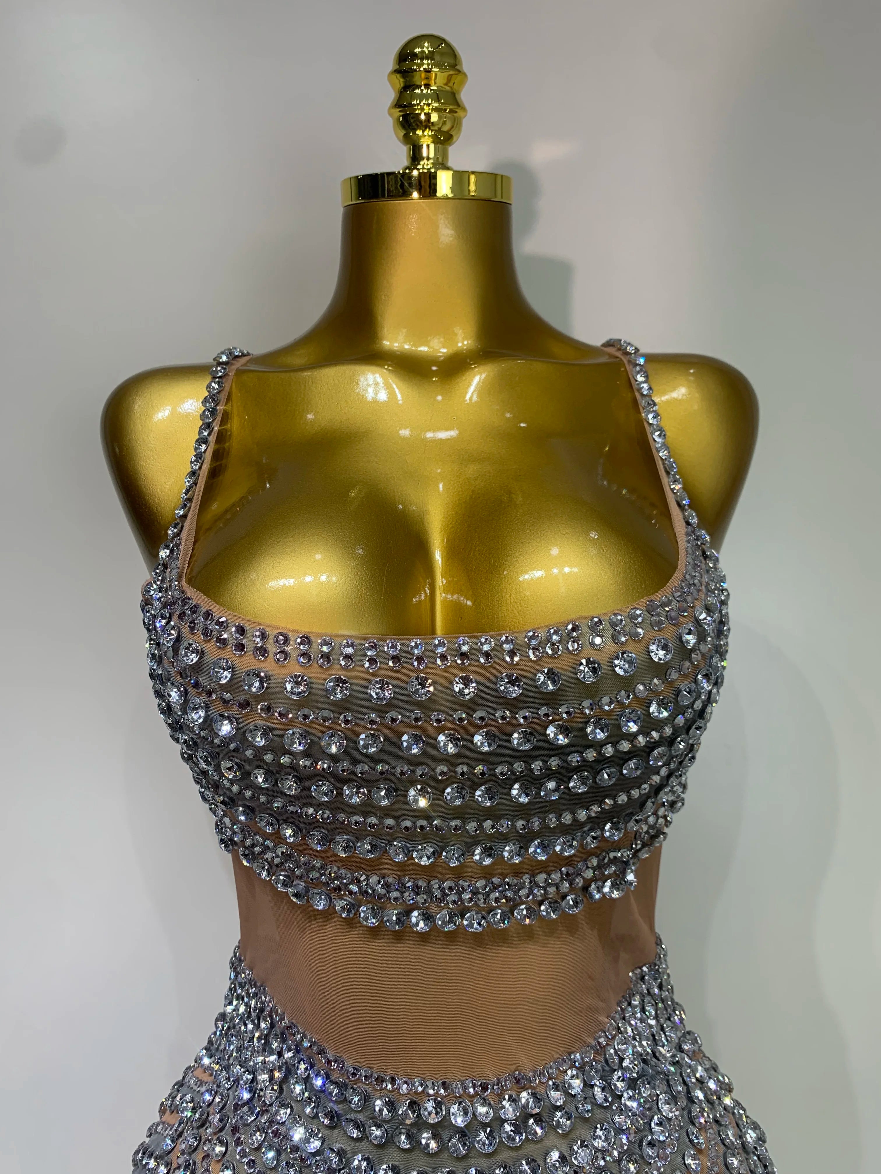 Sparkly Rhinestones Sleeveless Mini Dress Evening Birthday Celebrate Evening Party Dress Nightclub Stage  Performance Costume