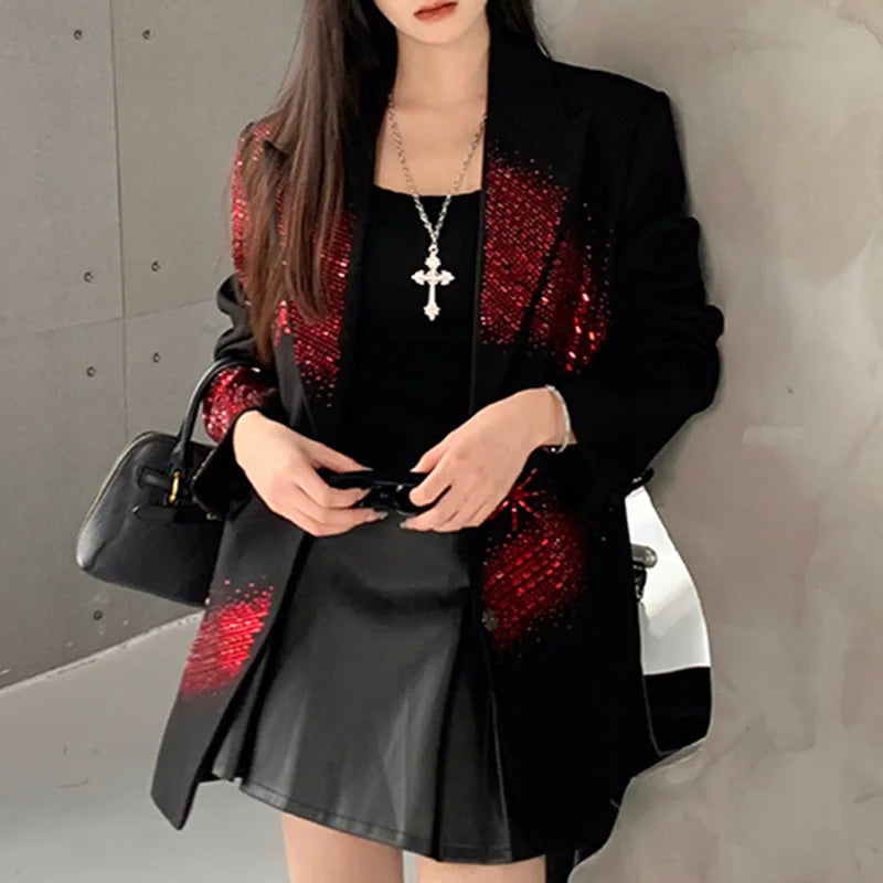 TWOTWINSTYLE Solid Loose Spliced Hot Fix Elegant Jackets for Women Lapel Long Sleeves Patchwork Button Jacket Female Fashion New
