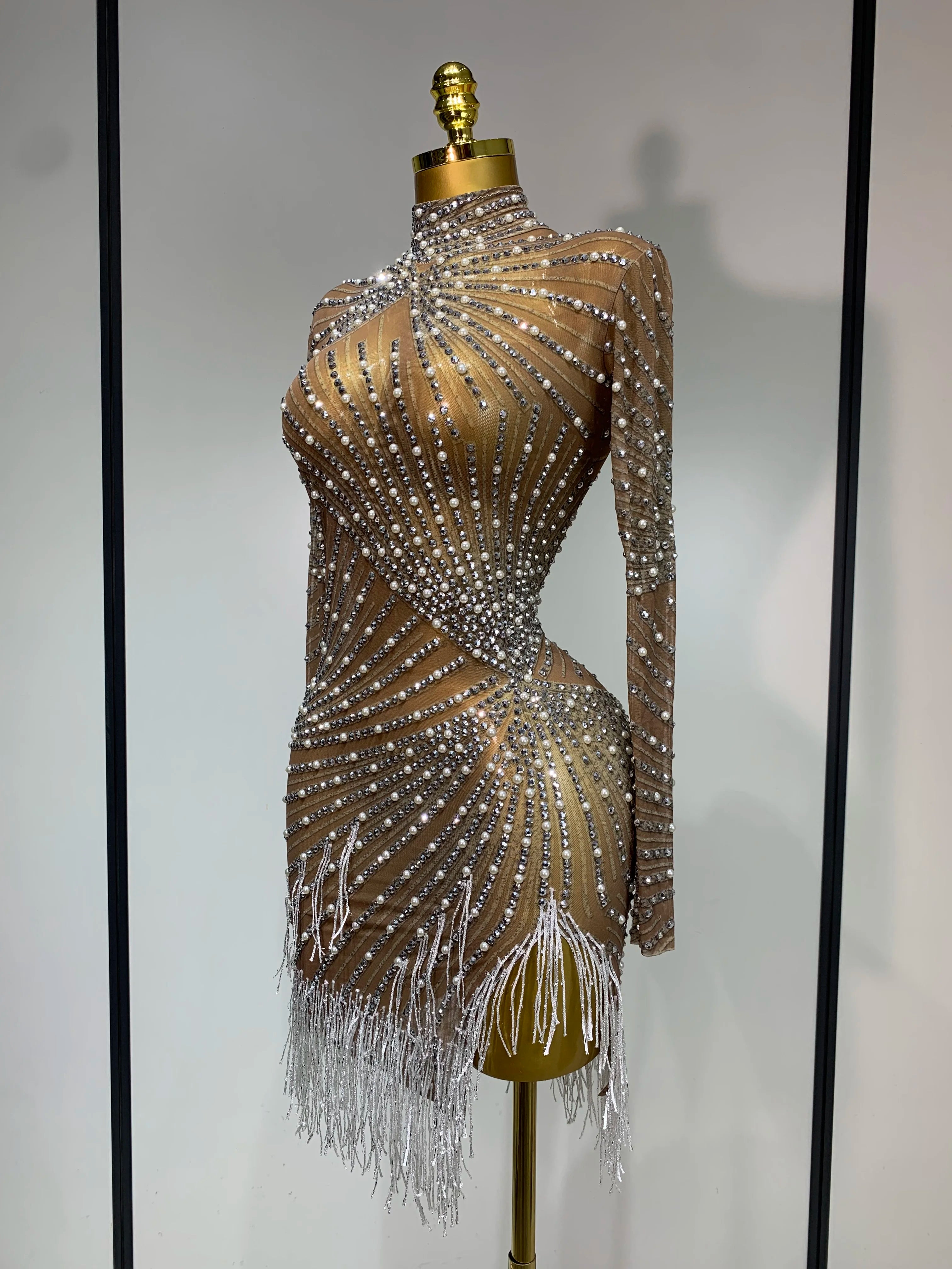 Luxury Rhinestone Tight Short Dress Women Long Sleeve Evening Party Prom Gown Birthdy Nightclub Performance Costume Stage Outfit