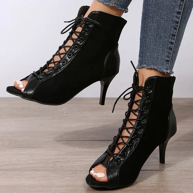 Sandals Hollow Mesh Heels Women's Shoes Summer 2022 Trend Black Lace-Up Sexy Peep Toe Boots Stilettos Jazz Dance Female Shoes black 7cm