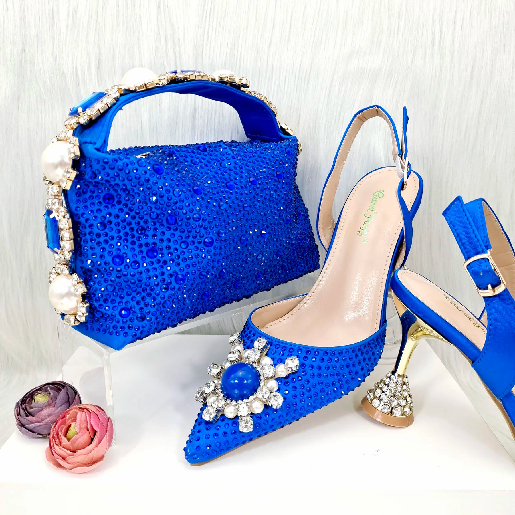 Gold Color Elegant Lady Shoes And Bag Set with Rhinestone Embellished Pearls-knot Wear-resistant And Comfortable Heel Royal blue