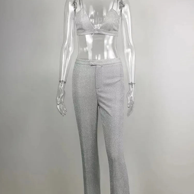 Shiny Pant Suit Women Design Sexy Party Club Blazer Sets With Underwear Fashion 2022 Spring Female Coat And Straight Pants