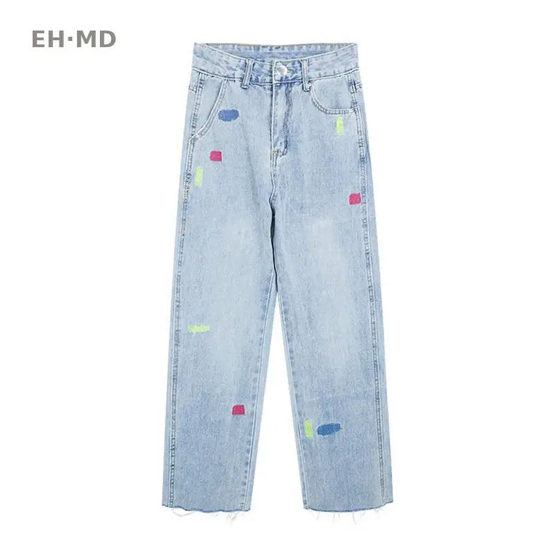 Light Blue Embroidered Jeans Women Summer Thin Chubby Girl High Waist Loose Slimming Straight Rouge Cropped Pants Stitching 2024 Sky blue