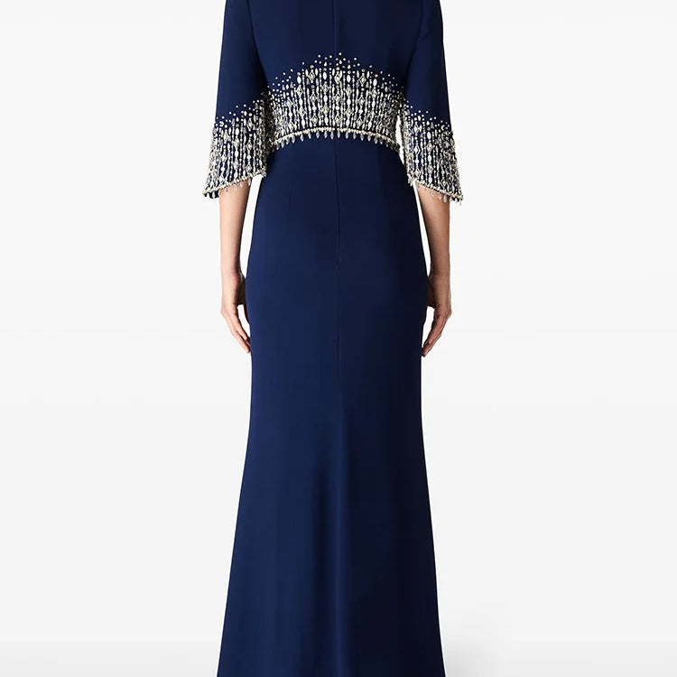 TWOTWINSTYLE Slimming Elegant Midi Dresses for Women Round Neck Half Sleeves Patchwork Bead Luxurious Dress Female Clothing New