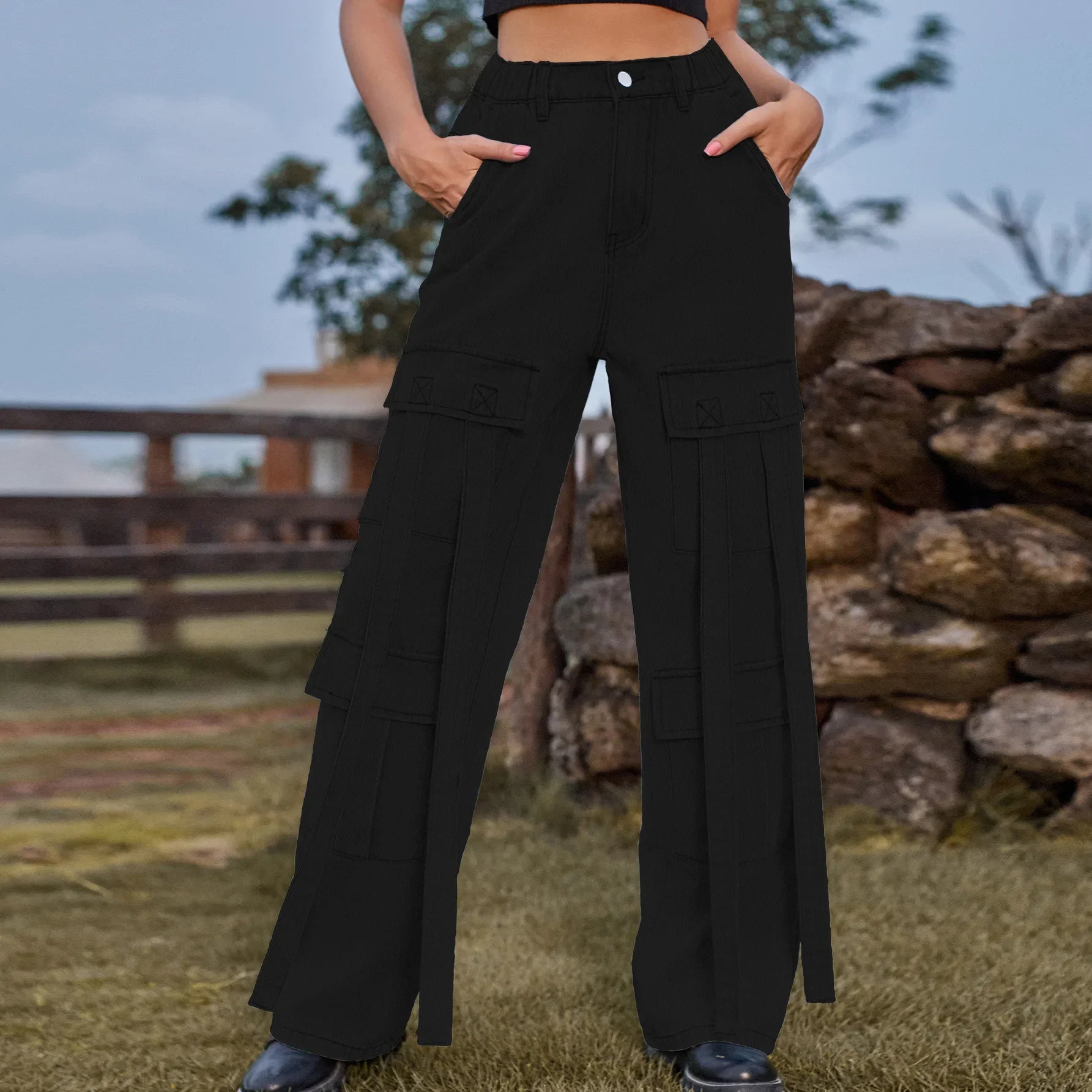 Heavy Work Ribbon Design Denim Work casual pants Women's New Wash Vintage Personalized black