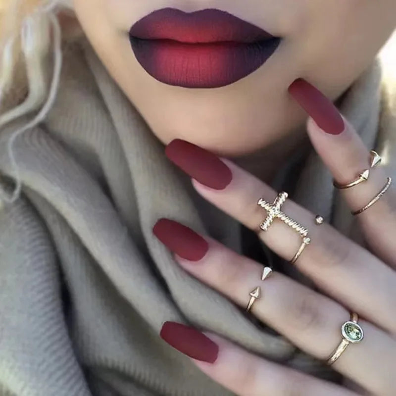 24pcs/set short fake nails for women girls almond ballet nail tips matte red nude brown faux ongles press on acrylic false nail