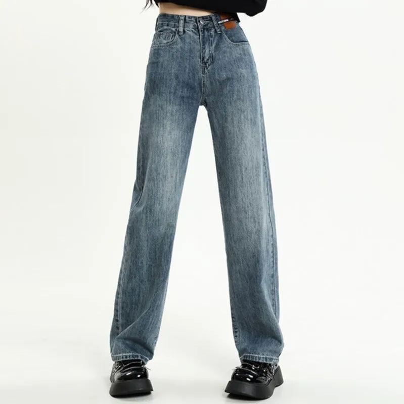 Women Jeans Denim Straight Wide Leg Pants for High Waisted Mop Trousers Brand