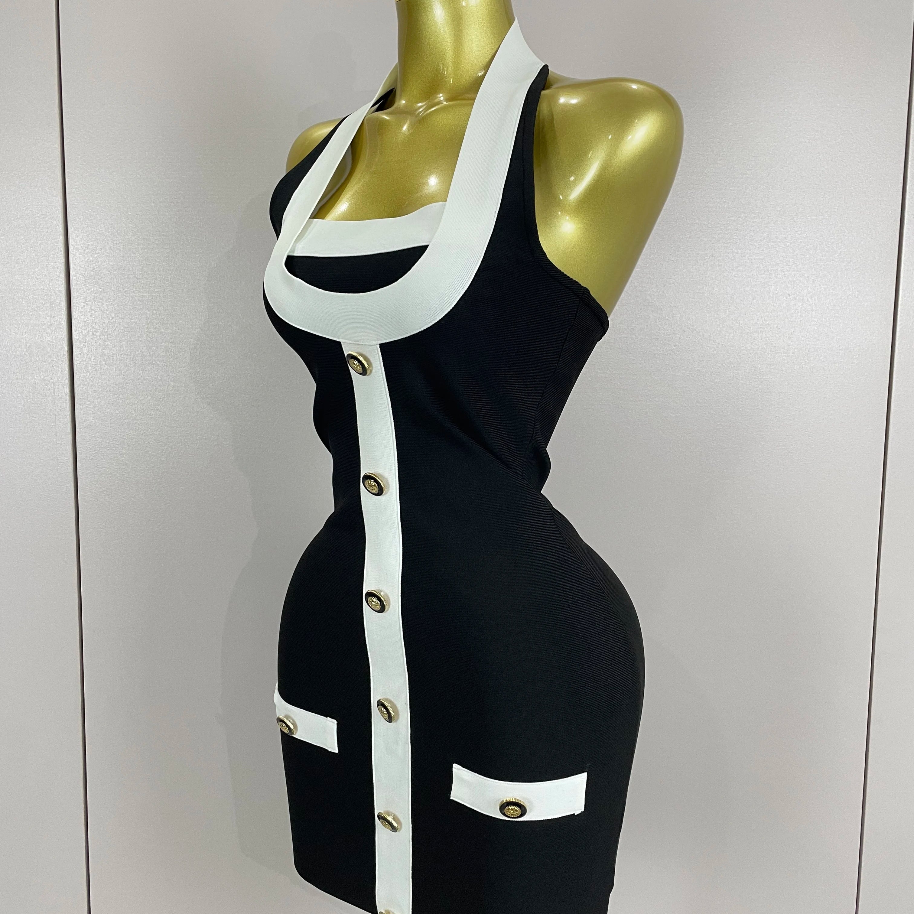 Sexy Backless Halter Button Bodycon Black Mini Bandage Dress 2025 Women Celebrity Elegant Evening Club Party Outfit