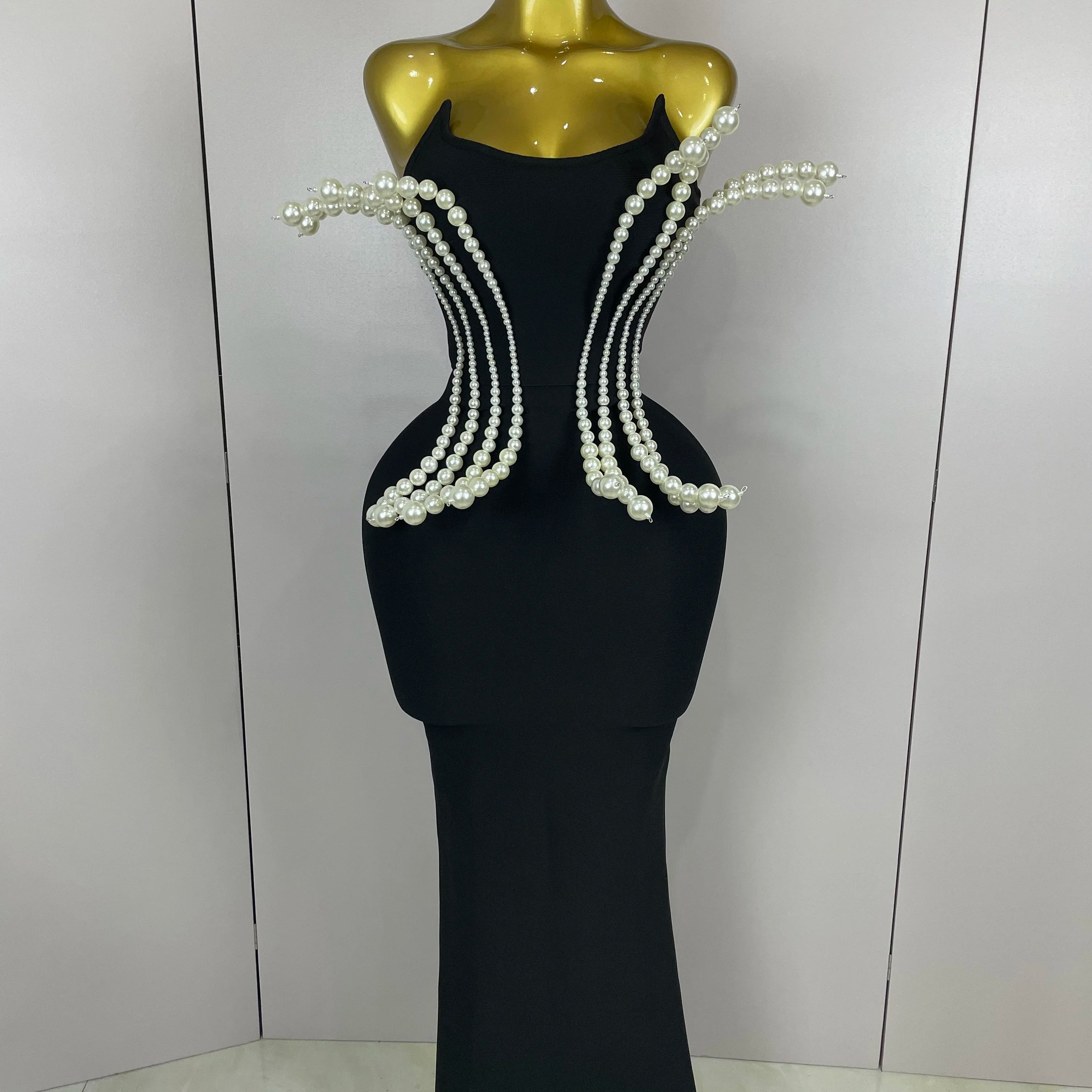 2025 New Sexy Strapless Pearl Beading Bodycon Long Bandage Dress  Women Fashion Elegant Evening Party Luxury Birthday Dresses
