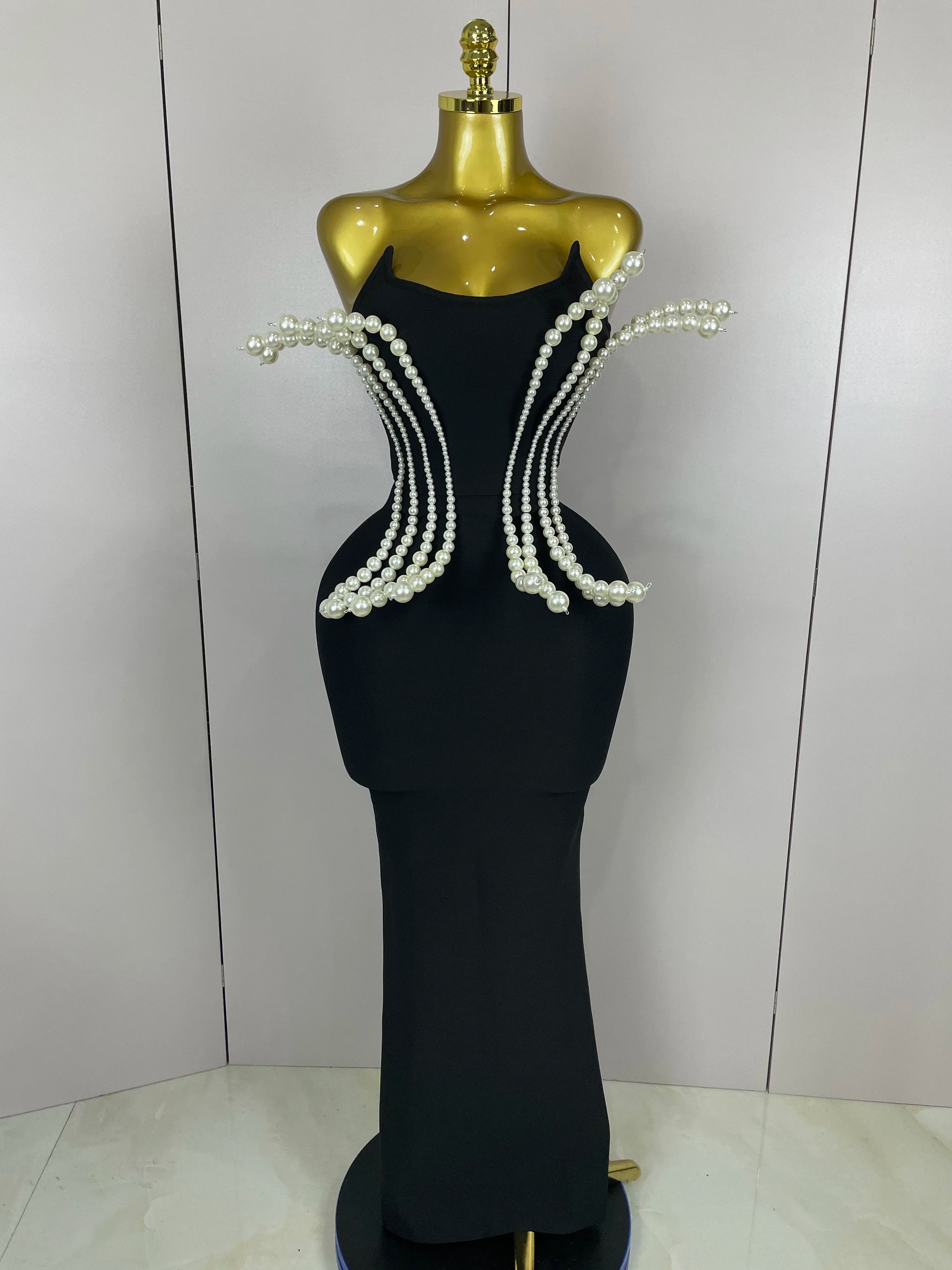 2025 New Sexy Strapless Pearl Beading Bodycon Long Bandage Dress  Women Fashion Elegant Evening Party Luxury Birthday Dresses