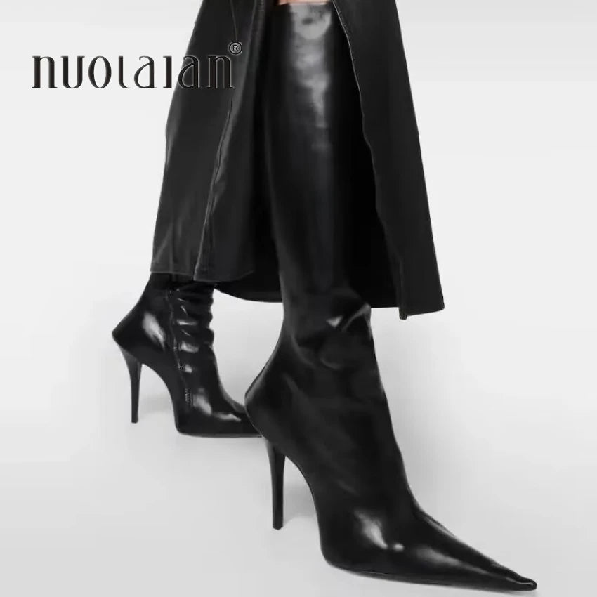 Brand Fashion Women Knee High Boots Zip Pointed Toe Footwear 10CM High Heels Female Long Boots Party Shoes Women