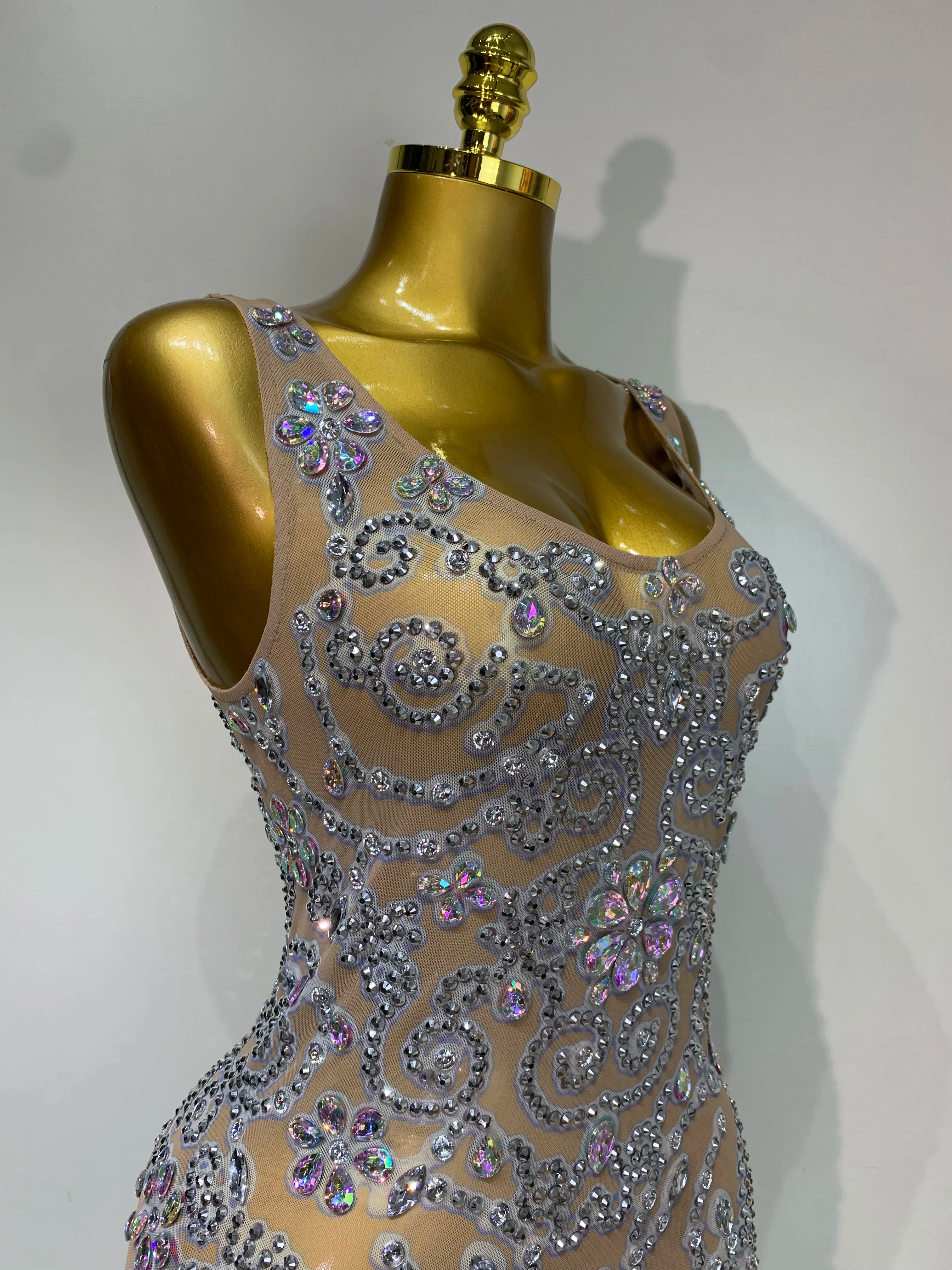 Celebrity Elegant Party Sparkly Rhinestones Transparent Mesh Short Dress Luxury Birthday Nightclub Outfit Perform Stage Costume