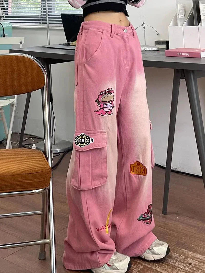 American Pink Cartoon Embroidered Baggy Cargo Mom Jeans for Women Spring New Waist Slimming Wide Leg Pants Trousers Female
