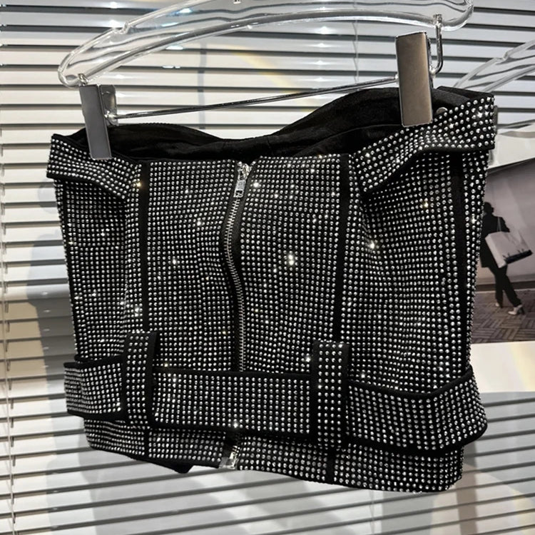 Summer Female Shiny Rhinestone Splice Sexy Strapless Women's High Waist Belt Designer Mini Short Skirts
